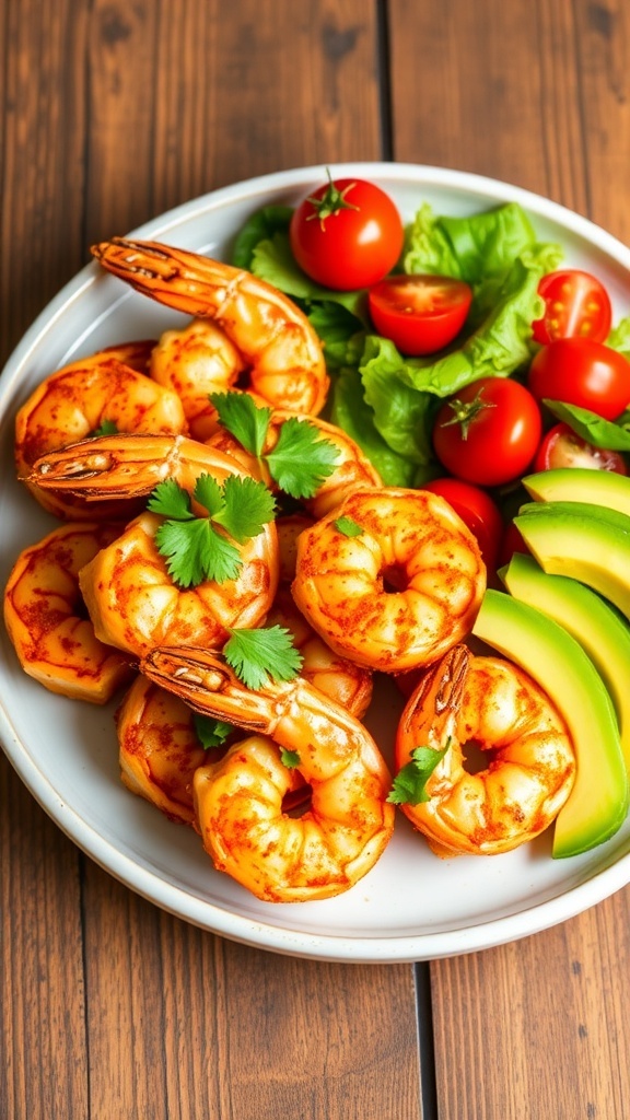 Air Fryer Caribbean Jerk Shrimp Recipe A plate of air fryer jerk shrimp garnished with cilantro, served with a fresh salad on a wooden table.